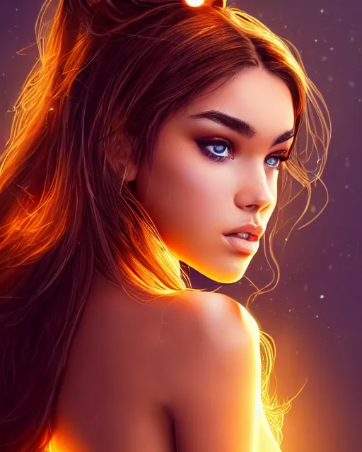 Prompt: beautiful madison beer as honey, made of honey, wearing honey, award winning creature portrait photography, extremely detailed, artstation, 8 k, sensual lighting, incredible art, wlop, artgerm, backlit, rim lighting