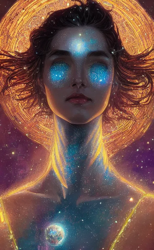 Image similar to portrait of a cosmic goddess, suit made out of stars and galaxies and cosmic energy, intricate, headshot, highly detailed, digital painting, artstation, concept art, sharp focus, cinematic lighting, illustration, art by artgerm and greg rutkowski, alphonse mucha, cgsociety