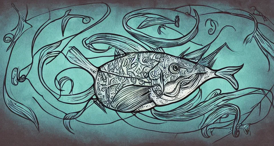 Image similar to illustration of an angler fish, lantern fish, deep sea, stylized linework, ornamentation, artistic, muted color wash