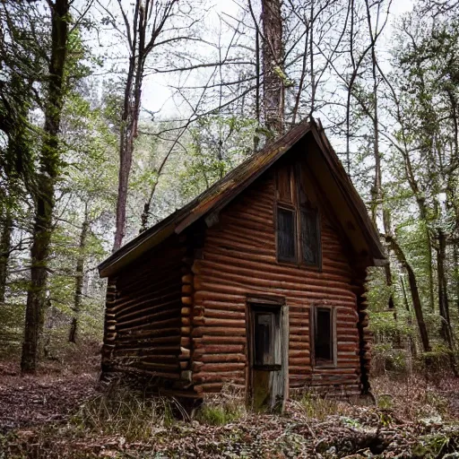 Prompt: a photo of a Eerie cabin in the middle of the woods in the style of 1980s found footage