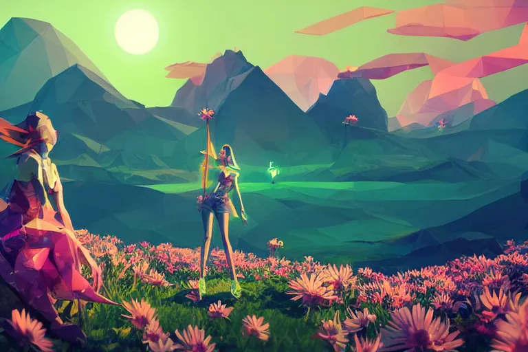 Prompt: lowpoly ps 1 playstation 1 9 9 9 glowing neon anthropomorphic behemoths great serpent maid standing in a field of daisies wearing converse shoes, swiss alps in the distance digital illustration by ruan jia on artstation