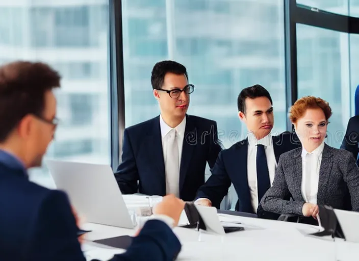 Image similar to photo of cats in suits attending a management board meeting. Highly detailed 8k. Intricate. Sony a7r iv 55mm. Stock photo.