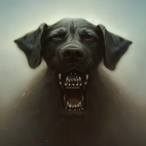 Prompt: A beautiful ultradetailed painting of a deadly dog face by Zdzislaw Beksinski and tom bagshaw, wallpaper 4k, trending on artstation