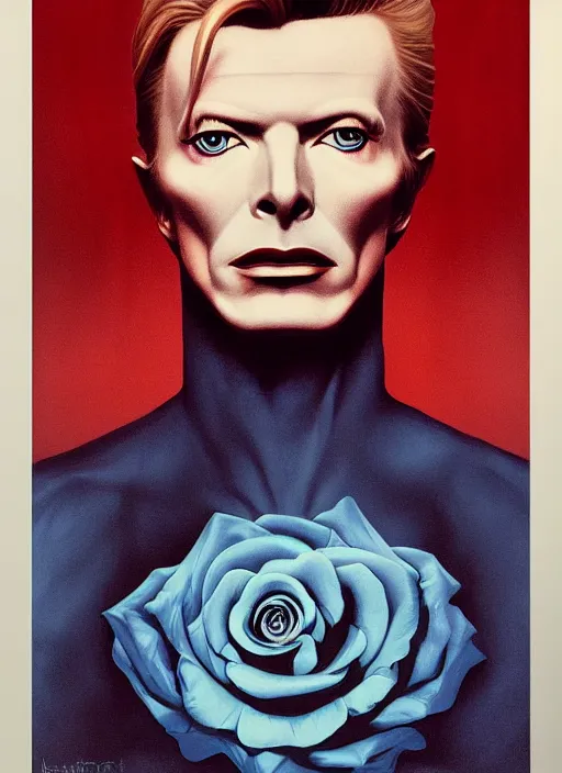 Image similar to twin peaks poster art, portrait of david bowie contemplating lois duffy, who said'i'm like the blue rose'before dying and disappearing, by michael whelan, rossetti bouguereau, artgerm, retro, nostalgic, old fashioned
