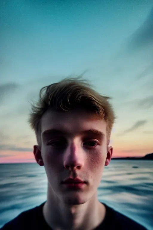 Image similar to high quality pastel coloured film mid angle selfie photograph of a beautiful young 2 0 year old male, soft features, standing in an icelandic black rock environment. atmospheric. three point light. photographic. art directed. ( pastel colours ). volumetric light. stark. waves glitch. 8 k. filmic.