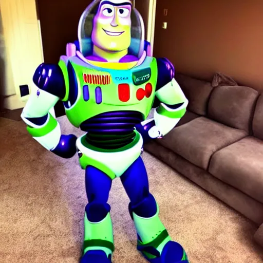 Prompt: buzz lightyear out of uniform in sweatpants relaxing at home.