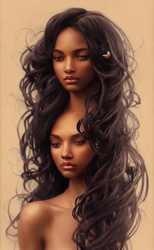 Image similar to a portrait of an attractive young Black female, beautiful long hair, clothed like a femme fatale, intricate, elegant, highly detailed, digital painting, trending on artstation, concept art, smooth, sharp focus, illustration, art by artgerm and greg rutkowski and alphonse mucha