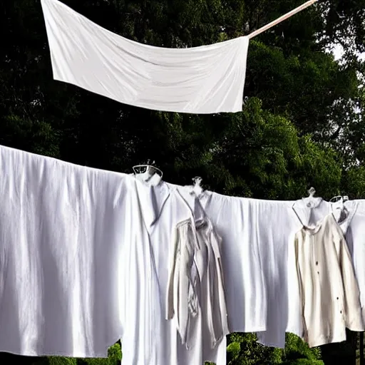 Prompt: hyper realistic photo, happy Donald Trump hanging white linen sheets on a clothesline in a backyard, sunny day