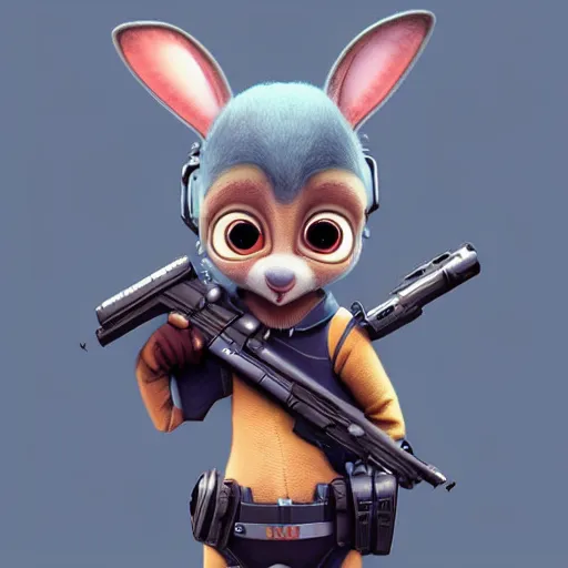 Image similar to super cute cyberpunk bunny, holding a gun, pixar, zootopia, cgi, trending on artstation