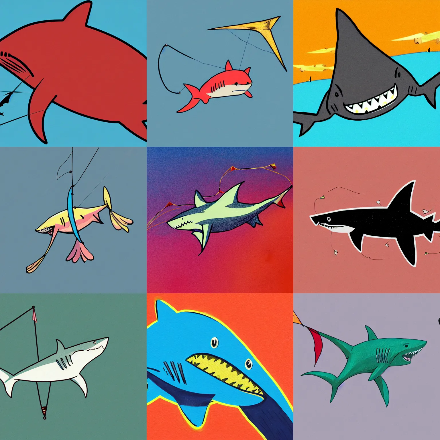 Prompt: a shark flying a kite, concept art, digital line art painting, illustration, graphic novel, graphite, marker art, crayon, paint, comic book, warm color palette, electric colors, tonal colors, 2 d, 8 k, natural lighting, amoled, moody lighting, diffraction grading, cell shading