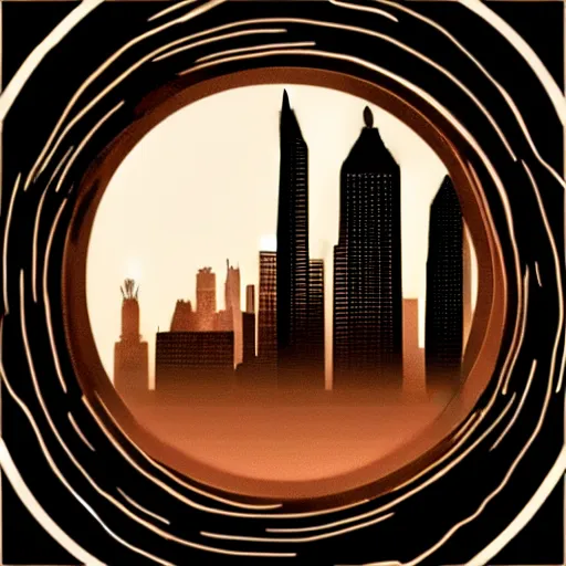 Image similar to a perfect circle, the outer edge of the circle is hugged by the silhouette of a city skyline, black and white, minimalist, in the style of a line drawing