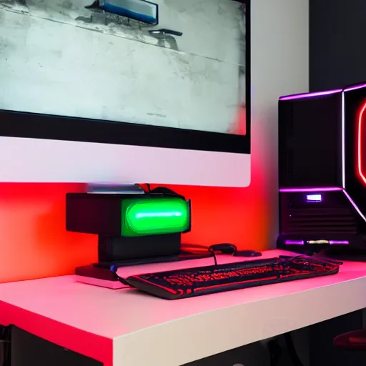 Image similar to gaming computer setup with neon lights behind the monitor, RGB keyboard, red and black gaming chair, wall-mounted speakers, in a bedroom, highly detailed, high quality, HD, 4k, 8k, Canon 300mm, professional photographer, 40mp, lifelike, top-rated, award winning, realistic, sharp, no blur, edited, corrected, trending