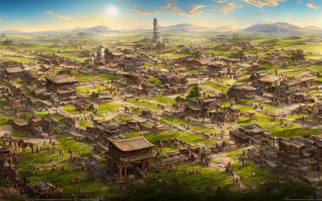 Prompt: a lively ancient city in the open eurasian steppes, beautiful spring view, matte painting, highly detailed, sharp