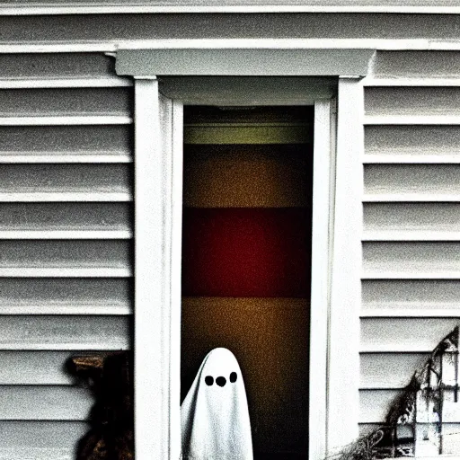 Prompt: a ghost peeks around a doorway, horror, home video