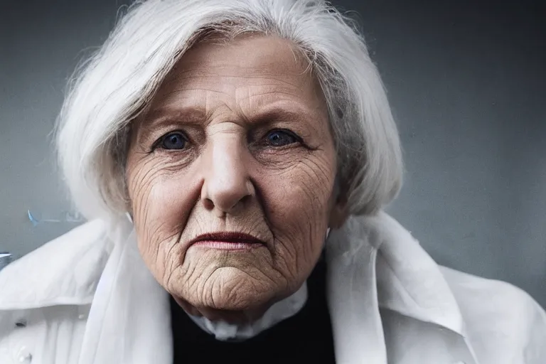 Image similar to a realistic cinematic headshot portrait of an old woman, wearing futuristic white suit in a skyscaper office, 4 k, ultra realistic, dramatic lighting, rain, clouds, fog, vogue, fashion, magazine spread, by annie leibovitz