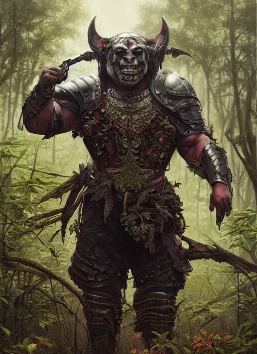 Image similar to a portrait painting of a grim male orc wearing plate armor on a beautiful lush forest meadow, morning, art by Tristan Eaton, Stanley Artgerm, Tom Bagshaw, Greg Rutkowski, Carne Griffiths