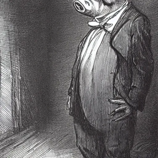 Image similar to detailed drawing of a pig in a tuxedo, illustration by Gustave Doré, high detail, eerie, creepy, dark, night, misty, moon, chiaroscuro, film noir