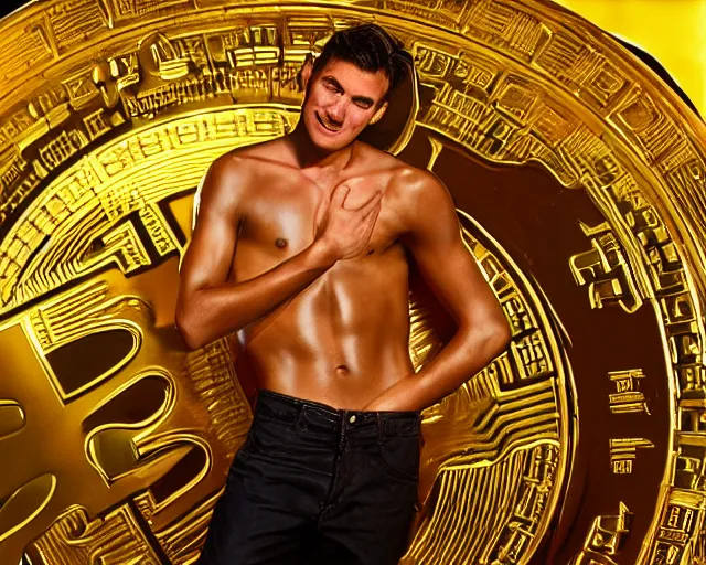 Image similar to attractive oiled up glossy man posing in front of a huge golden bitcoin, angelic light, commercial by annie liebovitz, gaston bussiere, craig mullins, j. c. leyendecker