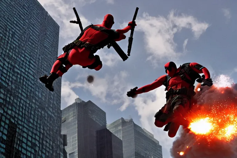 Image similar to militarily helicopter firing missiles and Deadpool leaps off smashes through high rise window, explosions, by Michael Bay