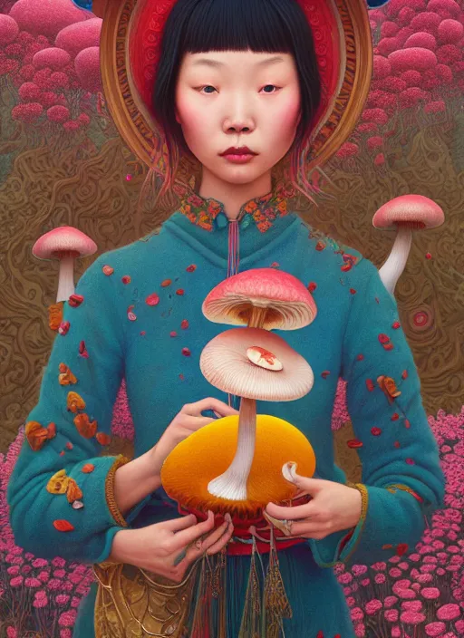 Prompt: yunnan girl with mushroom : : by martine johanna and simon stalenhag and chie yoshii and casey weldon and wlop : : ornate, dynamic, particulate, rich colors, intricate, elegant, highly detailed, centered, artstation, smooth, sharp focus, octane render, 8 k