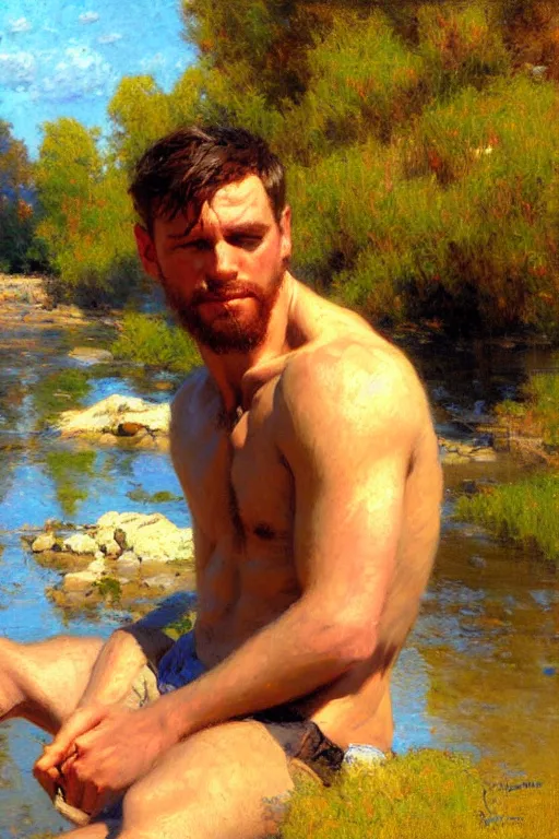 Image similar to attractive man by a river, bright sunlight, oil covered skin, painting by gaston bussiere, craig mullins