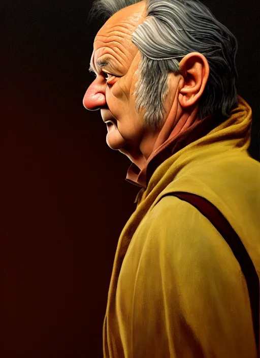 Prompt: side profile centered painted portrait, of bill murray, lord of the rings, tolkien, matte painting concept art, baroque, beautifully backlit, swirly vibrant color lines, fantastically gaudy, aesthetic octane render, 8 k hd resolution, by caravaggio and diego velazquez