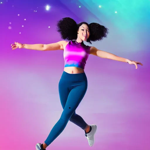 Image similar to a award winning full body shot of a beautiful woman in a croptop and leggings with a ombre purple pink teal hairstyle with head in motion and hair flying, outrun, vaporware, highly detailed, fine detail, intricate