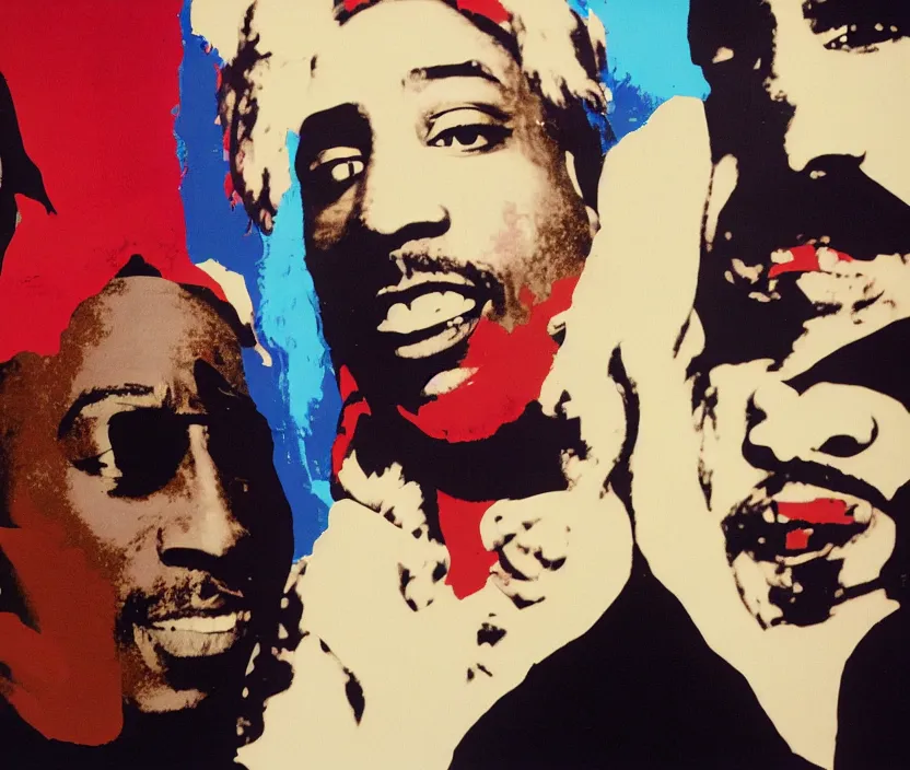 Prompt: Jen Psaki and Tupac Shakur high on LEAN, protest art, by Andy Warhol, Photograph by Mel D. Cole