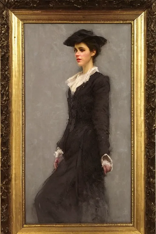 Prompt: Richard Schmid and Jeremy Lipking full length portrait painting of a young beautiful victorian detective woman