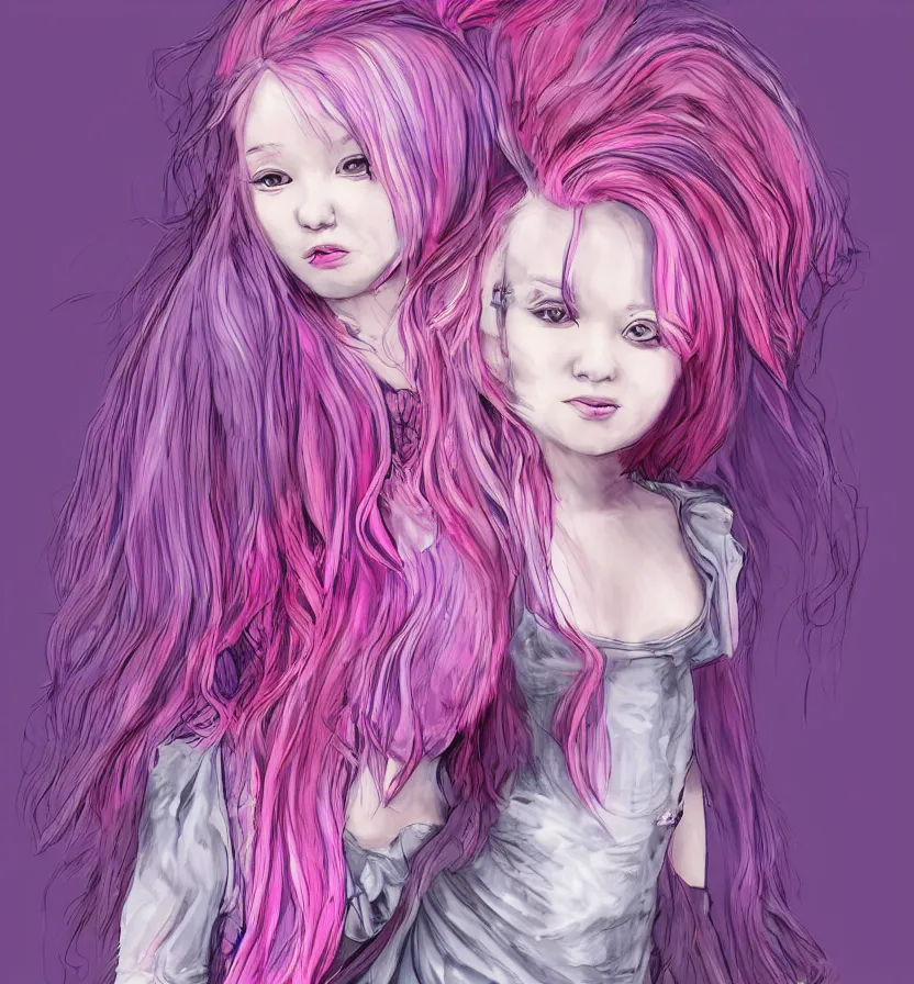 Prompt: little girl with eccentric pink hair wearing a dress made of purple fur, anatomically perfect, art by dcwj,