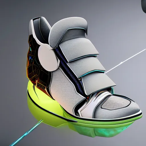 Image similar to futuristic cyber balenciaga sneakers, robot anatomy, highly detailed, 8 k, pbr, surreal, colorful, direct lighting, hyper realistic,