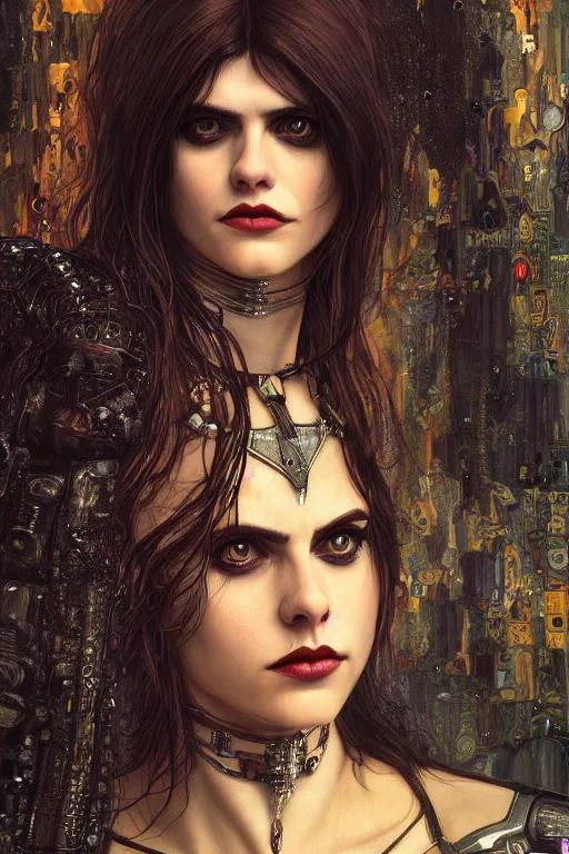 Image similar to portrait of beautiful gothic Alexandra Daddario, cyberpunk, Warhammer, highly detailed, artstation, illustration, art by Gustav Klimt