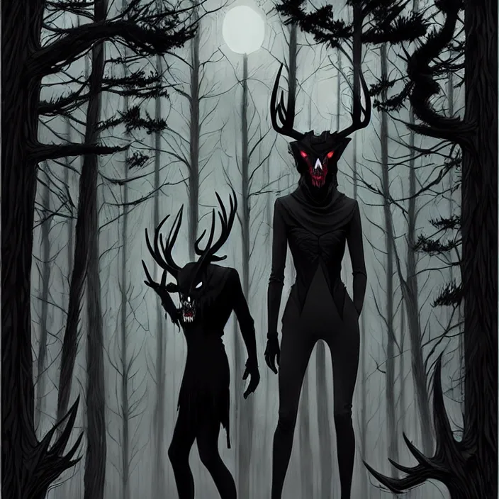 Prompt: style artgerm, joshua middleton, rafael albuquerque : : scary wendigo with antlers and skull face mixed with werewolf : : [ [ beautiful witch wearing a black dress, symmetrical face, on the right side ] ] : : in the forest, detailed, dark and foggy, cinematic lighting