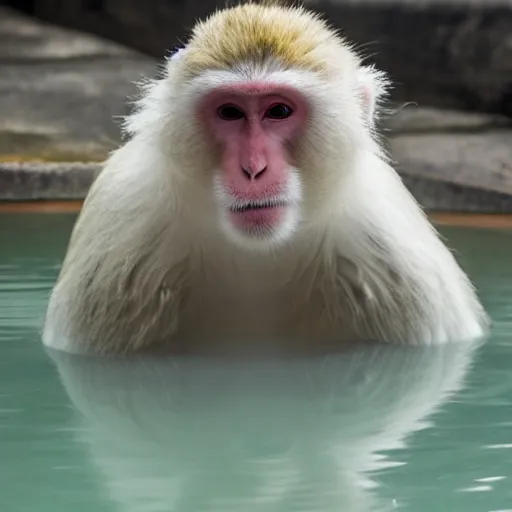 Image similar to Japanese white macaque in a hot pool, award winning photography, cinematic, steam rising off the water