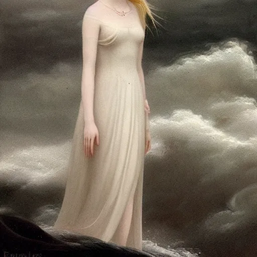 Image similar to Painting of Elle Fanning lost at sea, dark stormy weather, long blonde hair, delicate, pale milky white porcelain skin, by Edmund Leighton. 8K. Extremely detailed.