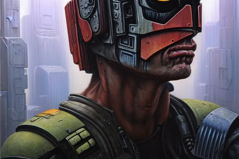 Prompt: portrait of david duchovny as judge dredd in megacity one. cyberpunk artwork, dystopian. dirty, grime. 4 k digital art, 8 0's style. tomasz alen kopera, peter mohrbacher, donato giancola, boris vallejo, drew struzan realistic detailed oil painting, urban horror, frank frazetta, brian bolland