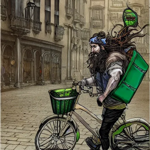 Image similar to a bearded and long haired bicycle food delivery worker with a green bag on his back in rossio lisbon, he has boots, epic fantasy style art by kim jung gi, fantasy epic digital art