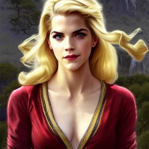 Image similar to A combination of Katheryn Winnick's and Grace Kelly's and Emma Watson's faces with blonde hair as Kid Flash, western, D&D, fantasy, intricate, elegant, highly detailed, digital painting, artstation, concept art, matte, sharp focus, illustration, art by Artgerm and Greg Rutkowski and Alphonse Mucha