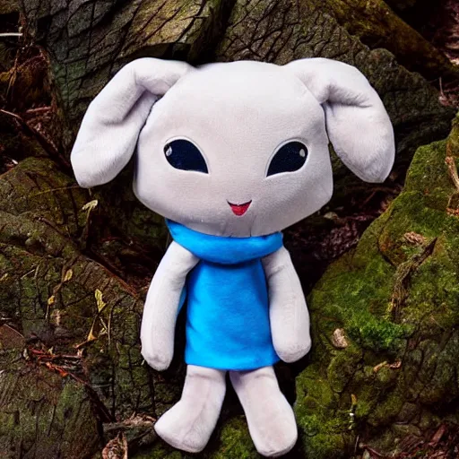 Image similar to blue snappy gifts mascot from snappy. com as plush doll in magical forest, gifts, dark atmosphere, high detail, soft lighting, 8 k