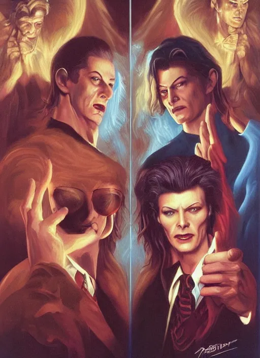 Image similar to twin peaks poster art, david bowie fighting his doppelganger gemini good and evil, old retro pulp, by michael whelan, rossetti bouguereau, artgerm, nostalgic, old fashioned