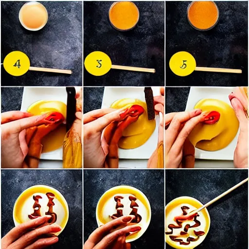 Image similar to making of an edible giraffe from noodles and soy sauce in 4 steps, each step is a progression from the last, from the beautiful'how to make food art step by step collection ', dslr