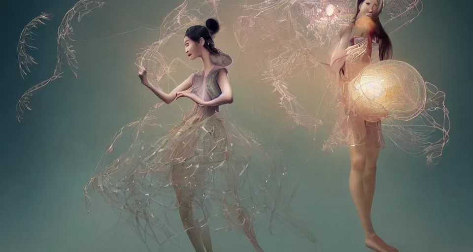 Prompt: asian female wearing a luminous jelly fish armor. soft. fragile. by ray caesar. by louise dahl - wolfe. by andrea kowch. by anna claren. surreal photography