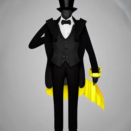 Image similar to a highly detailed portrait of a man in a high top hat covering his face, in a black tailcoat with a yellow waistcoat under the tailcoat, artstation, deviantart, professional, unreal engine 5, photorealistic