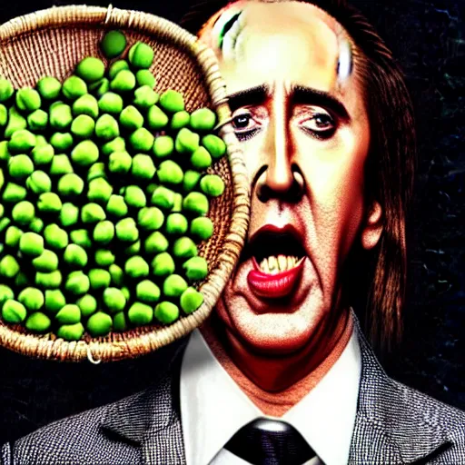Image similar to nicolas cage with a wicker basket over head screaming with a mouth full of peas
