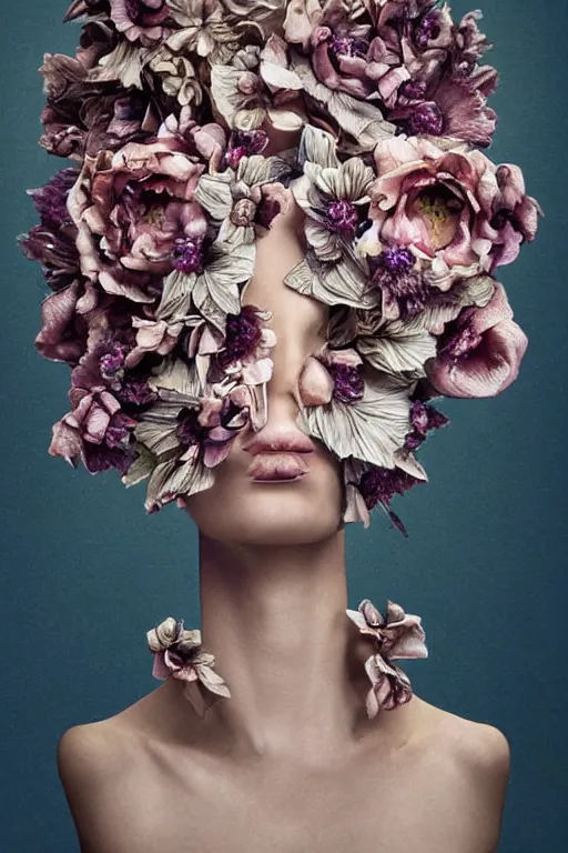 Image similar to sculpture made of flower, portrait, female, future, shaman, Harpers Bazaar, Vogue magazine, insanely detailed, concept art, close up