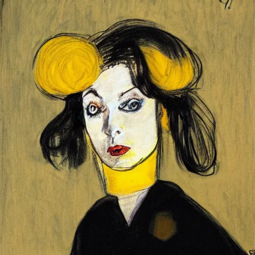 Image similar to beautiful woman, with long hair, black lips and yellow eyes, in the style of Toulouse-Lautrec photorealism 10K