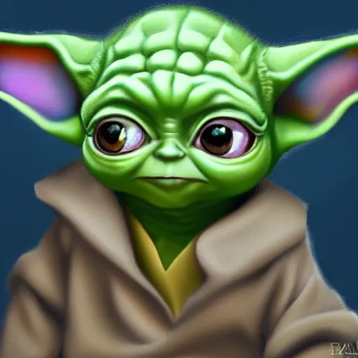 Image similar to portrait of baby yoda, highly detailed, centered, solid color background, digital painting