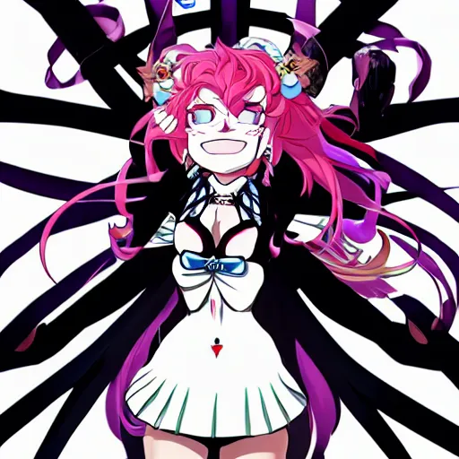 Image similar to stunningly beautiful omnipotent megalomaniacal anime goddess who looks like junko enoshima, symmetrical perfect face smiling in a twisted, mischievous, devious and haughty way while looking down upon the viewer and taking control, mid view from below her feet, hyperdetailed, 2 d, 8 k