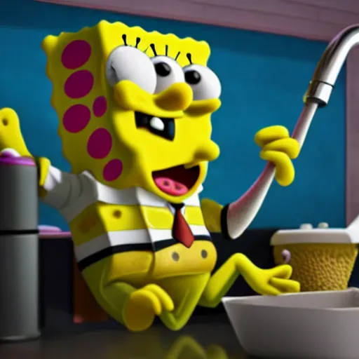 Image similar to spongebob being used to wash the dishes. octane render