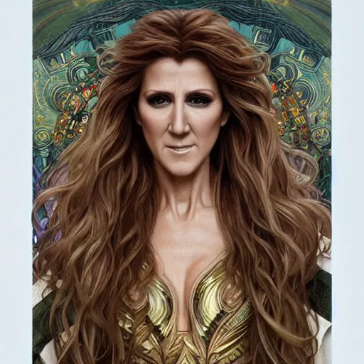 Image similar to amazing lifelike award winning pencil illustration of Celine Dion with gorgon hair trending on art station artgerm Greg rutkowski alphonse mucha cinematic